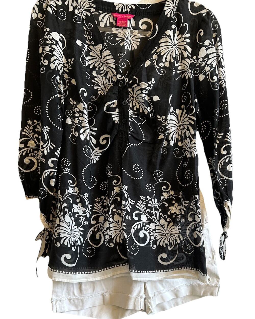Sunny Leigh Womens L Coverup Tunic Silk Blend 3/4 Sleeve Floral Beach Boho VTG